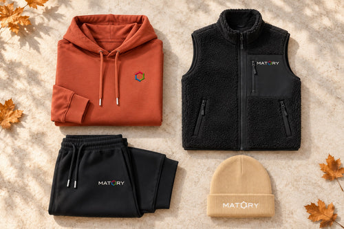 MATORY Crew Set Heritage Brown – Flatlay mit Hoodie, Sherpa Weste, Sweatpants und Beanie