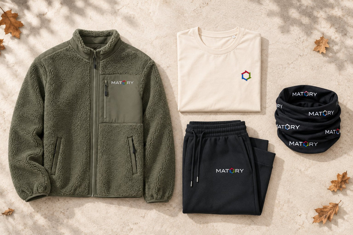 MATORY Sherpa Set Khaki – Flatlay mit Sherpa Jacke, T-Shirt, Sweatpants und Thermo Buff