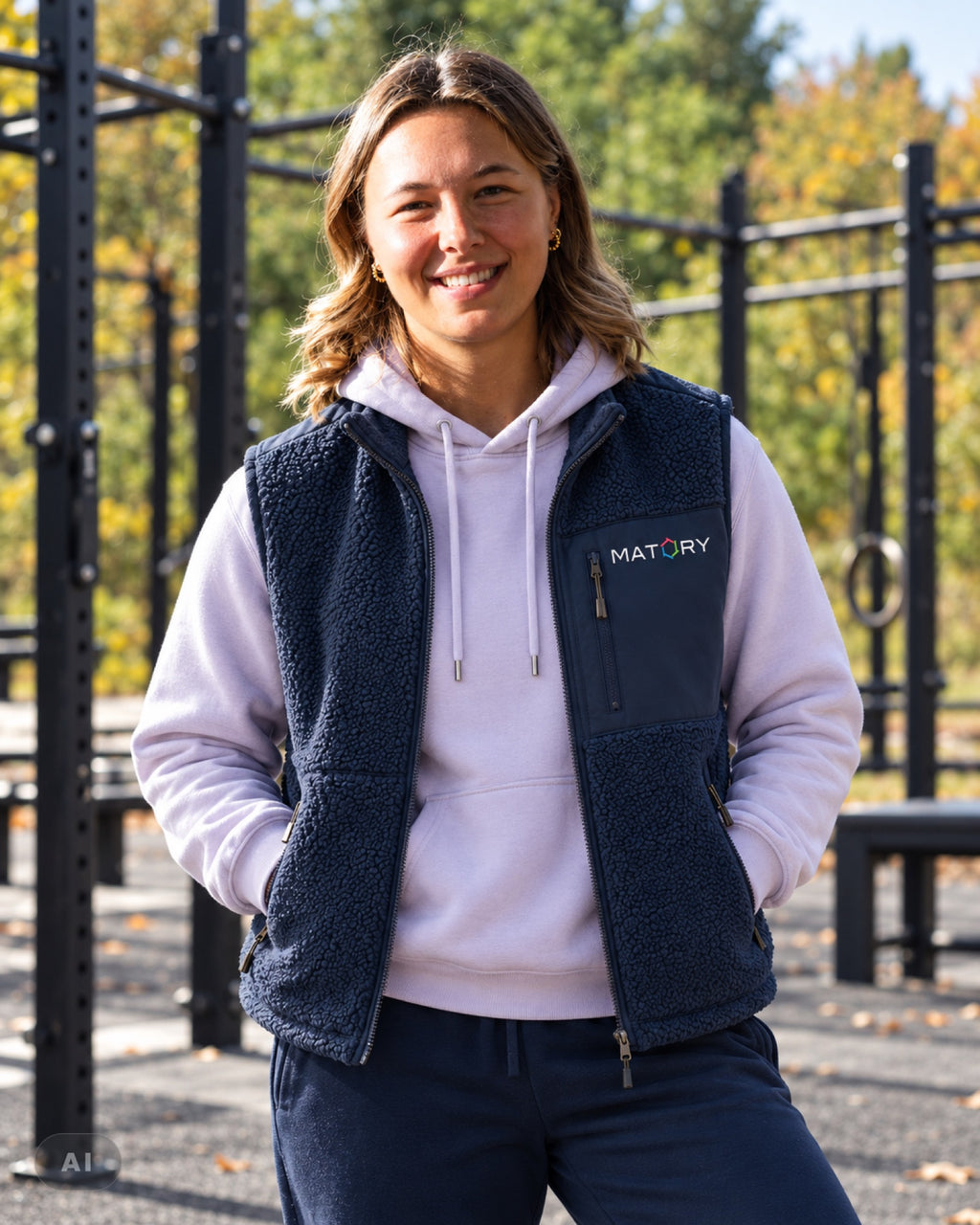 MATORY Sherpa Weste Navy – Model (KI-bearbeitetes Bild)