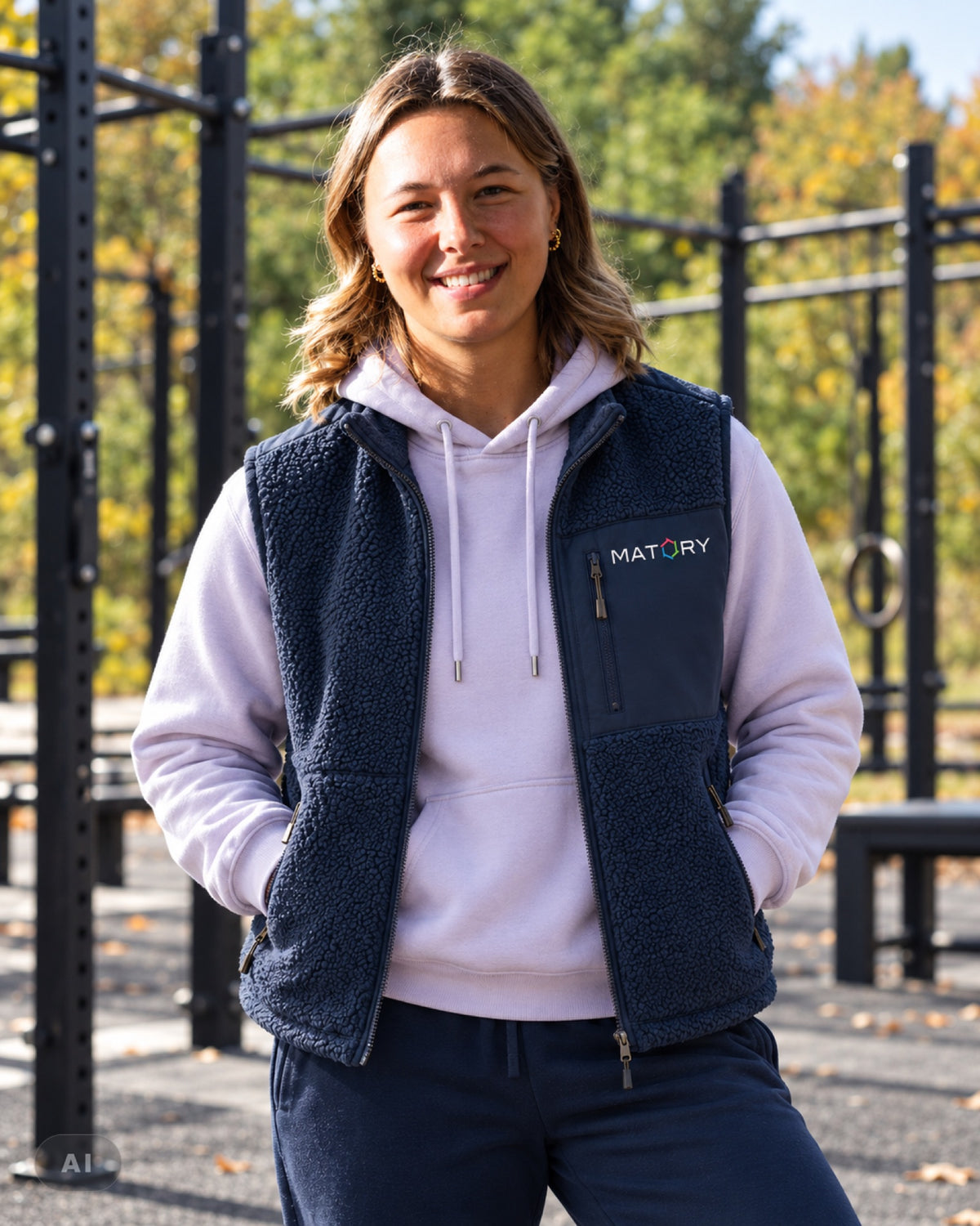 MATORY Sherpa Weste Navy – Model (KI-bearbeitetes Bild)