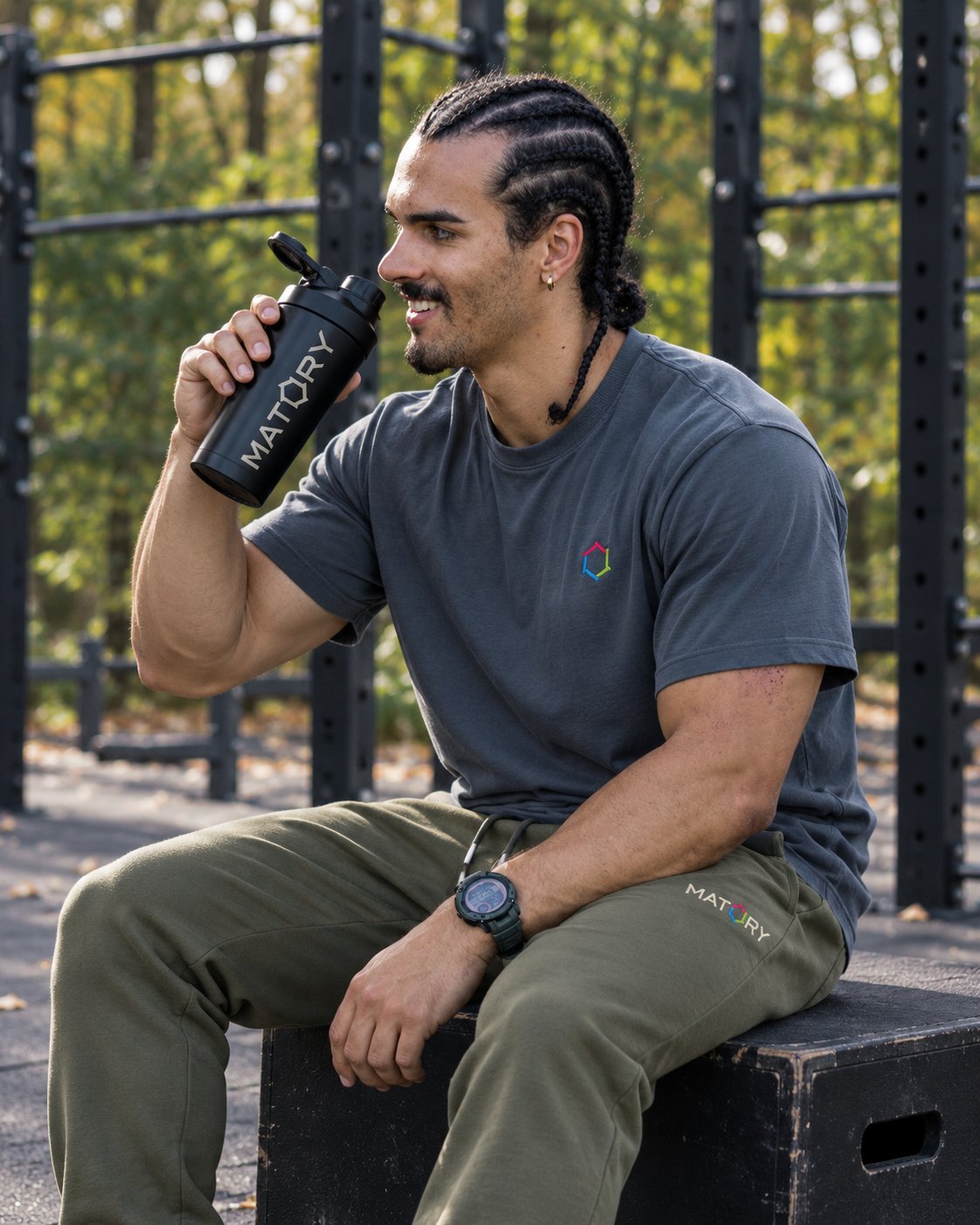 Athlet mit MATORY Shaker im Outdoor-Gym