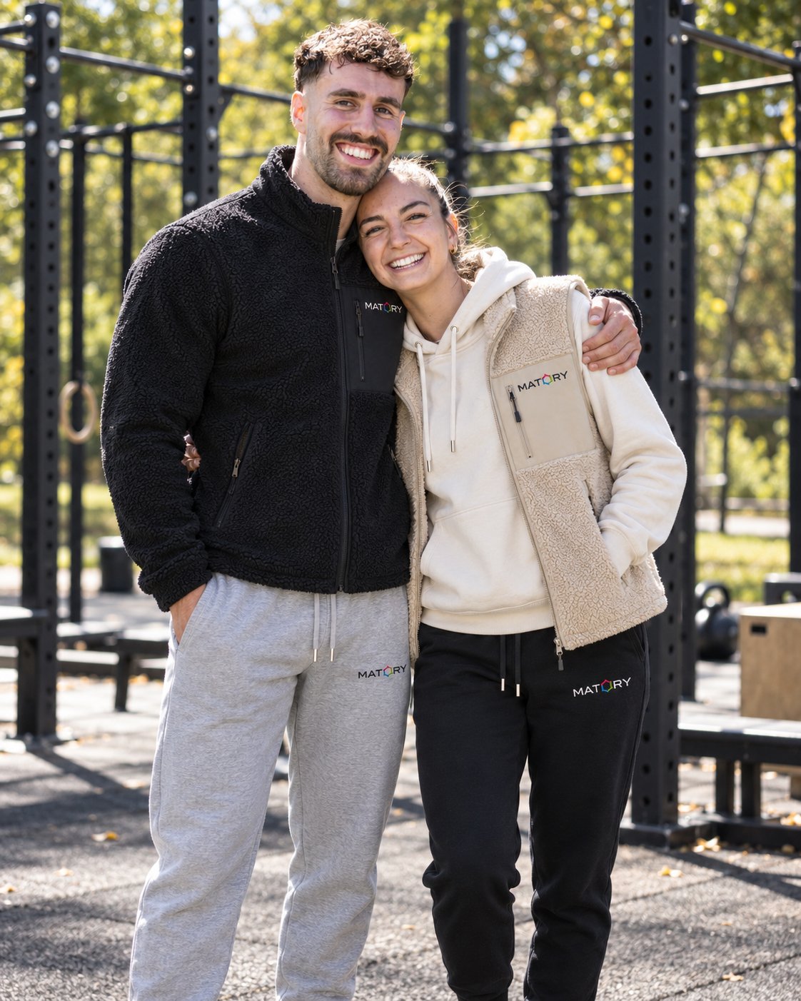 Paar in MATORY Sherpa Jacke, Hoodie Natural Raw und Weste Desert Dust